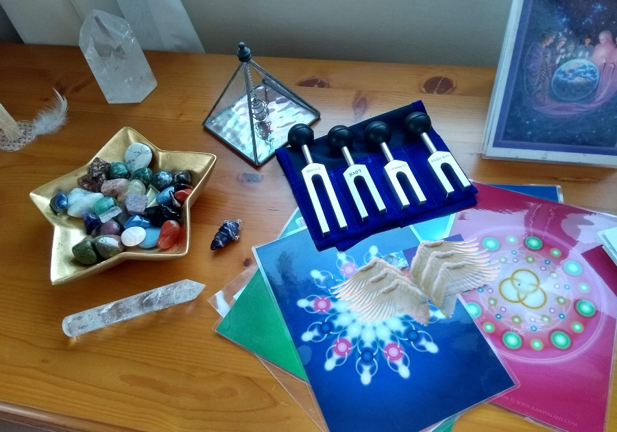 Some of the crystals, and mandalas used in healing sessions 